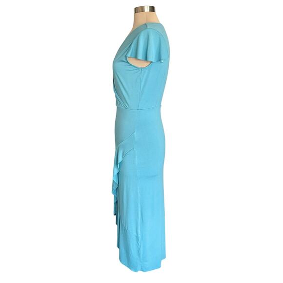 Juicy Couture Turquoise Faux Wrap Midi Dress Knit Ruffle Asymmetric Hem Sz MED - Picture 6 of 8